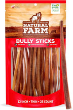 Natural Farm Odor-Free Thin Bully Sticks (12”, 25-Pack) All-Natural Long-Lasting Dog Chews, 100% Beef Pizzle, Grass-Fed, Grain-Free, Protein for Muscle Development & Energy, Perfect for Large Dogs