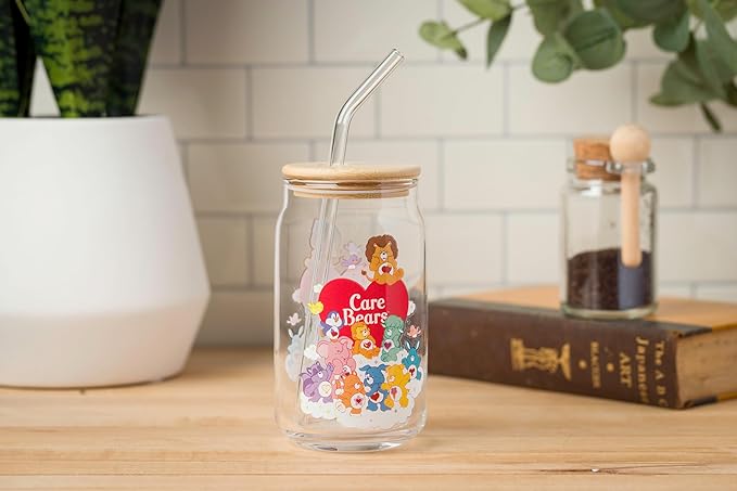 Silver Buffalo Care Bears Heart Cousins Brave Lion Playful Monkey Gentle Lamb Cozy Penguin Lotsa Elephant Bright Raccoon Proud Cat Loyal Dog Treat Pig Swift Rabbit Glass Jar Tumbler w Bamboo Lid, 16oz