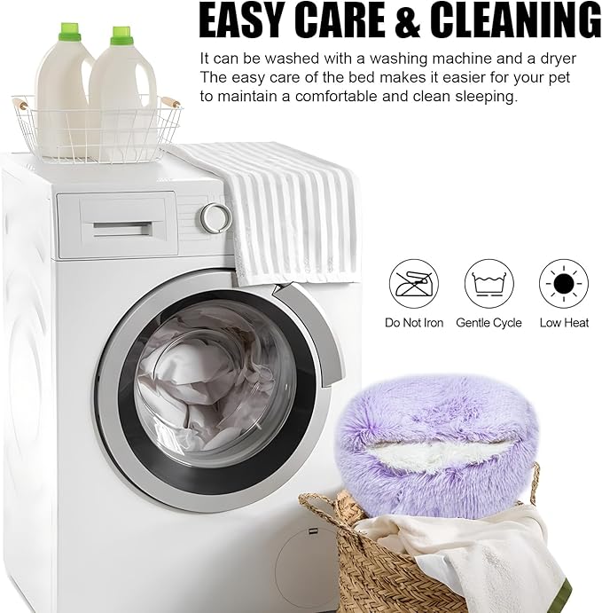 Calming Dog Beds & Cat Cave Bed with Hooded Cover,Washable Round Beds for Small Medium Pets,Anti-Slip Faux Fur Fluffy Coved Bed,Comfortable Warming Pet Bed(24 * 24inch,Purple)