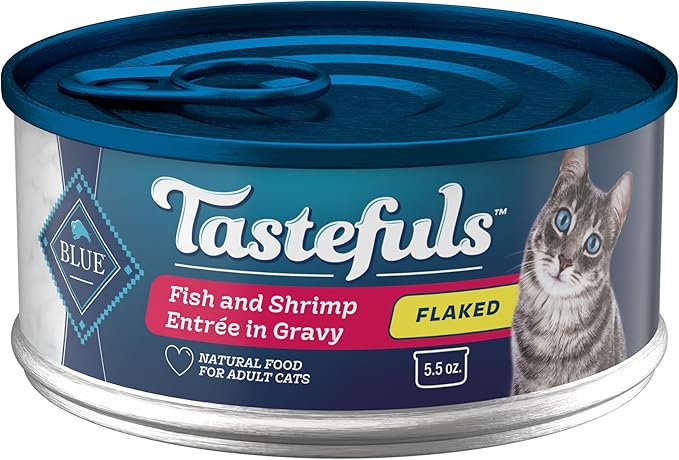 Blue Buffalo Tastefuls Flaked Wet Cat Food, Made with Natural Ingredients, Fish and Shrimp Entrée in Gravy, 5.5-oz Cans (24 Count)