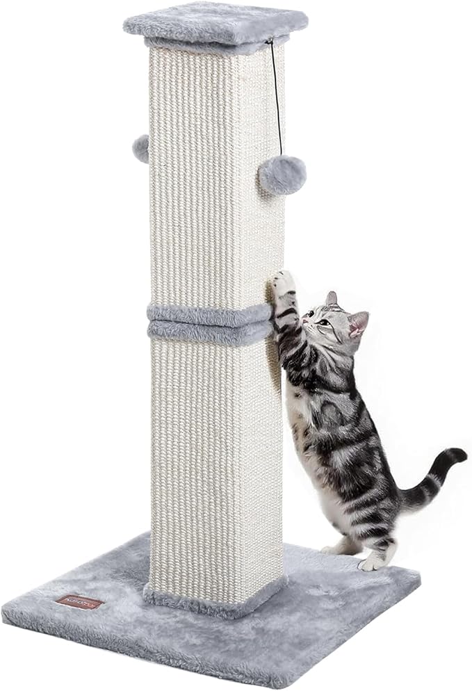 Cat Scratching Post, 33Inch Tall Cat Scratch Post for Indoor Cats Adults and Kitten, Sisal Cat Scratcher with Hanging Balls (Grey)