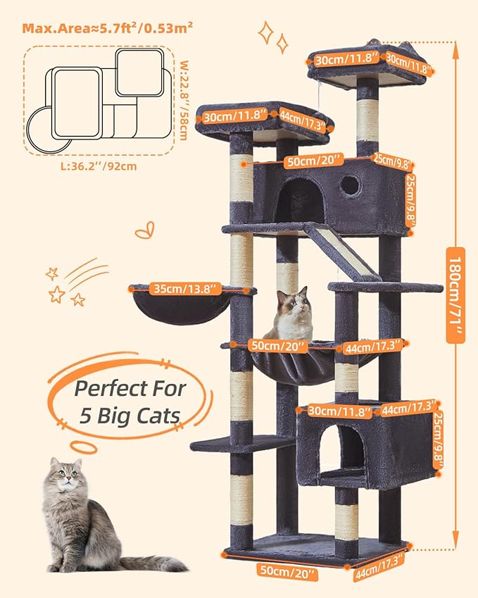 Taoqimiao Cat Tree 71-Inch, Cat Tower for Indoor Cats Large Adult, Multi-Level Large Cat Condo, 8 Sisal Scratching Posts, Metal Frame Cozy Hammock, Scratch Board, 2 Top Perches, Smoky Gray MS026LG