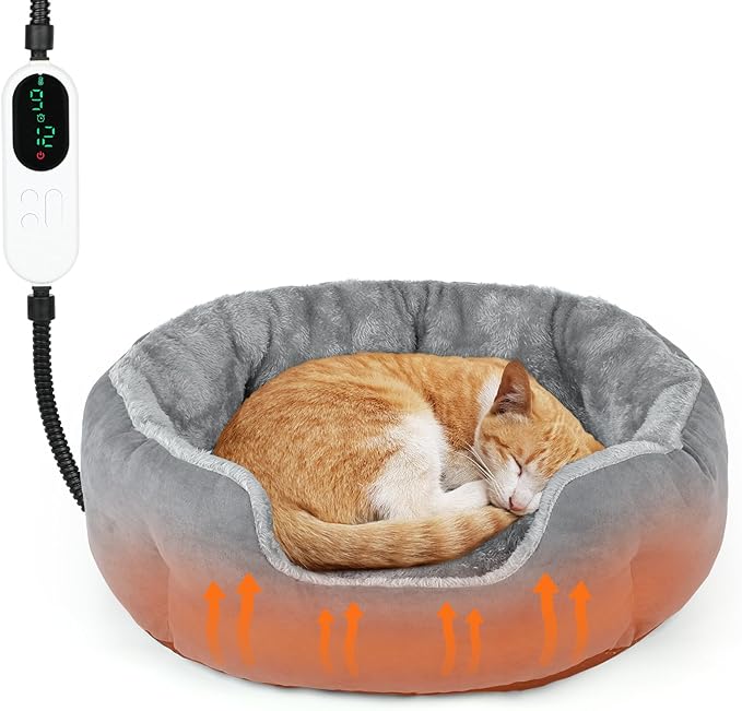 FHTONGE Heated Cat Bed Indoor with Timer and Temp Adjustment, Washable Self Warming Cat Bed Donut with Overheat Protection for Winter, Snuggle Round Cat Bed Cuddler with Electric Heating Pad