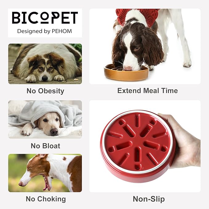 Ceramic Maze Dog Slow Feeder with Non-Slip Silicone Rim (& Bamboo Stand) – Heavy-Duty Stoneware Bowl with Puzzle Pattern for Bloating & Obesity Prevention (Raised-Red-M)