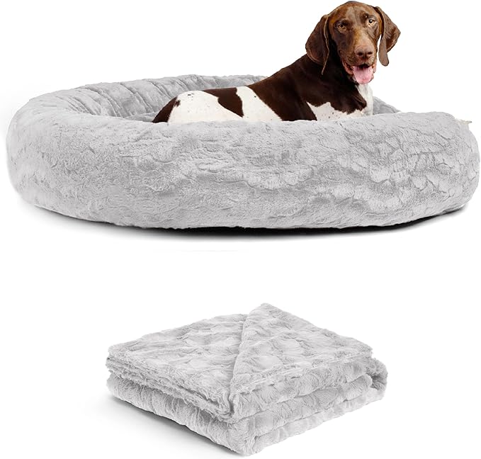 Best Friends by Sheri Bundle Set The Original Calming Lux Donut Cuddler Cat and Dog Bed + Pet Throw Blanket Gray Extra Large 45" x 45"