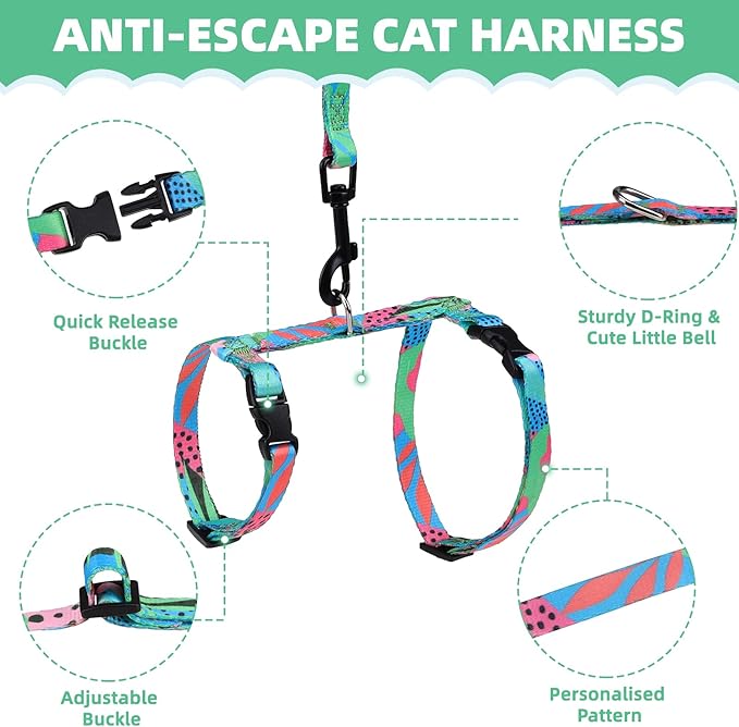 PAWCHIE Cat Harness and Leash Set, Cats Escape Proof-Adjustable Kitten Harness Lightweight Soft Outdoor Walking Travel Pet Safe Harness, Puppy Harness for Girl Cats Bunny Rabbit Small Dog, Green S