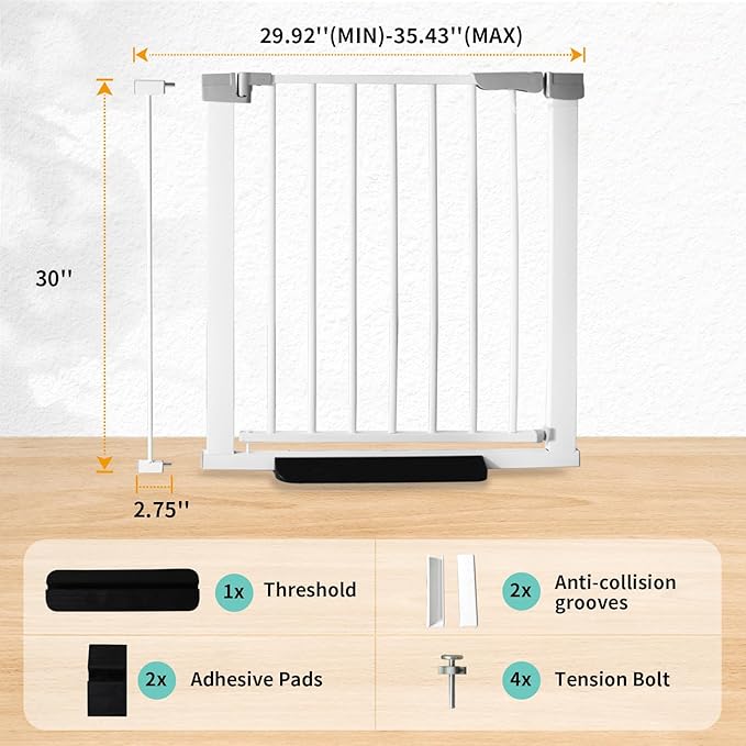 30 Inch Tall Cat & Dog Gate, Auto Close, Pressure Mounted, White, Alloy Steel, 29.92"-35.43" Wide, Baby & Pet Safety Gate