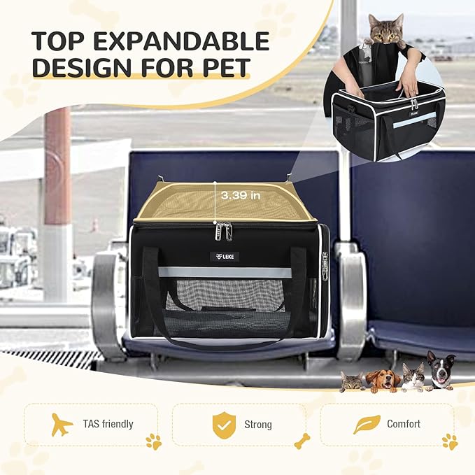Lekereise Top-Expandable Pet Carrier - TSA Airline Approved Soft Sided Underseat Up to 22lbs Travel Carriers for Small Cats and Dogs with Locking Safety Zippers Anti-Scratch Mesh Black Large