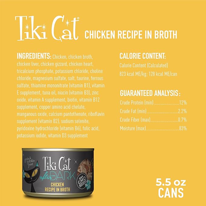 Tiki Cat After Dark, Chicken, High-Protein and 100% Non-GMO Ingredients, Wet Cat Food for Adult Cats, 5.5 oz. Cans (Pack of 8)
