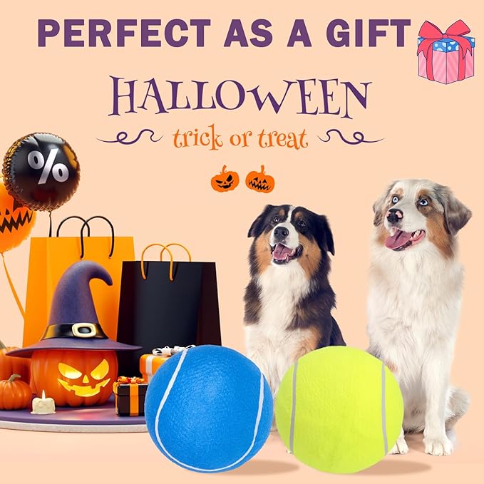 SCENEREAL Giant Tennis Ball for Dogs 2 Pack,Upgraded Thicken 9.5" Large Tennis Balls for Dogs,Halloween Dog Toys Birthday Gift, Inflatable Interactive Ball for Large Medium Big Dog,Durable Toy