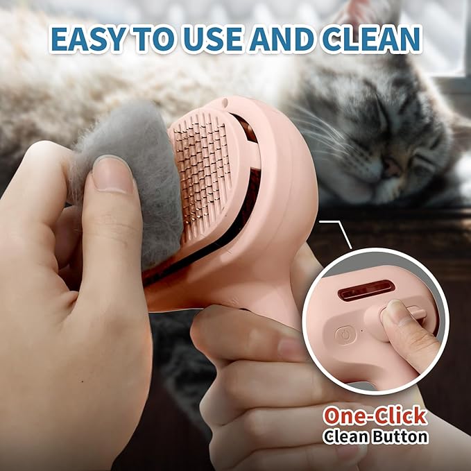 3-in-1 Self-Cleaning Steam Brush - Anti-Static, for Grooming Long & Short Pet Hair, Reduces Shedding, Pink