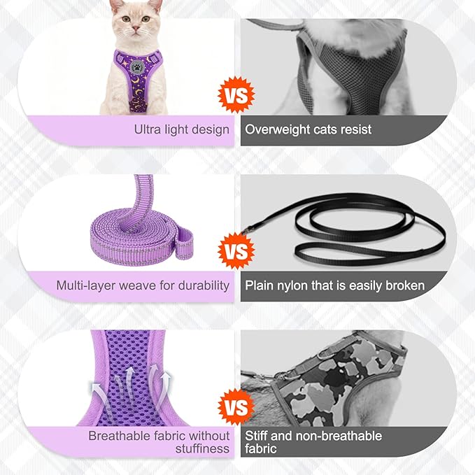 BEAUTYZOO Cat Harness, Escape Proof Cat Leash and Harness Set for Walking, Soft Breathable Vest Harness with Neck Adjustable, Reflective Easy-Control Kitten Harness for Cats (Star Design),Purple S