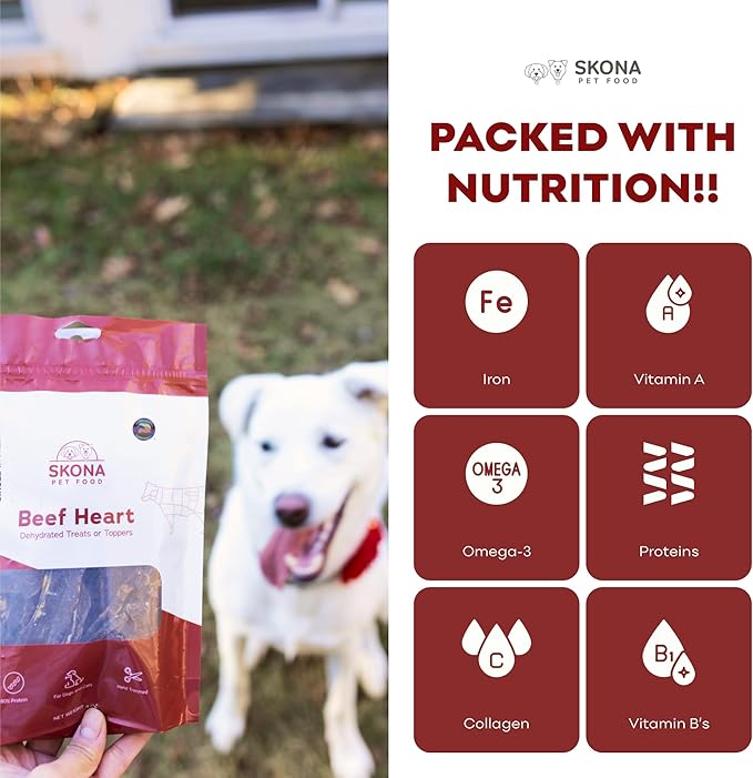 Skona PetFood Beef Heart Jerky Dog Treats & Cat Jerky Treats, High Protein, Single-Ingredient Training Snacks, Grain-Free, USA Made, Rich in Taurine, Supports Digestion & Dental Health, 4oz