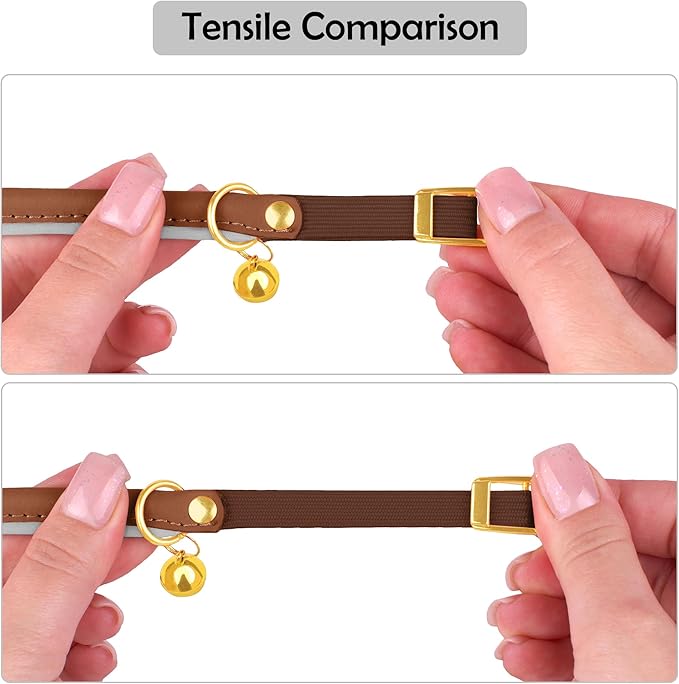 OOPSDOGGY Rolled Leather Cat Collar with Bell - Reflective Kitten Collar with Safety Elastic Strap - Adjustable Small Pet Collars for Boy Girl Cats (Brown)