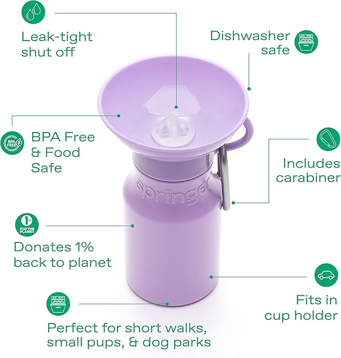 Springer Dog Water Bottle | Portable Travel Water Bottle Dispenser for Dogs | Dog Gift Seen on Oprah's Favorite Things, Shark Tank | Leak-Proof Bottles Fill Bowl with Water | BPA-Free 15oz Lilac