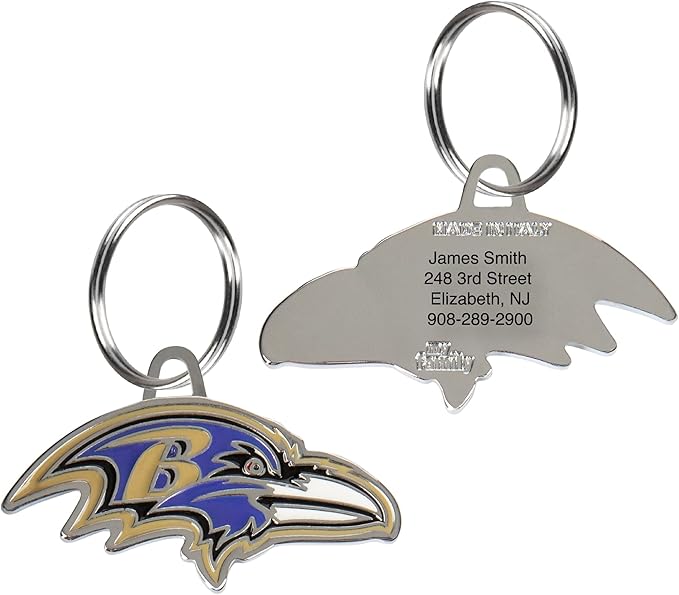 NFL Baltimore Ravens Engraving Pet IDs in 32 Team Logo Shapes, Personalized Dog & Cat Tags with 3 lines of Customizable Text for Tracking & Safety. Stainless Steel Pet ID Tracking Tags