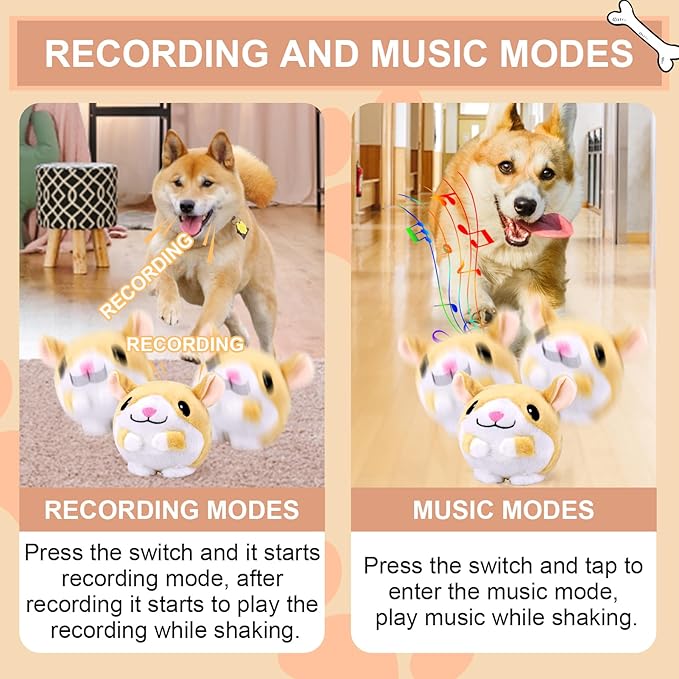 BABORUI Interactive Dog Toys Hamster, Jumping Squeaky Dog Toys with Recording and Music Modes, Rechargeable Moving Dog Chew Toys for Small/Medium/Large Dogs to Keep Them Busy