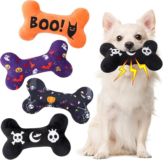 SCENEREAL Dog Squeaky Toy - Halloween Bone Toy 4 Pack - Durable Plush Chew Toys with Squeakers Interactive Game Suitable for Small Medium Dogs