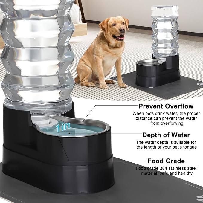 RIZZARI Upgraded Automatic Dog Water Dispenser: 9L Black Gravity Large Stainless Steel Raised Pet Feeder with Filter - Includes 2 Extra Filters & 2 Bottle Caps - Pet Feeder for Dogs Indoor Outdoor