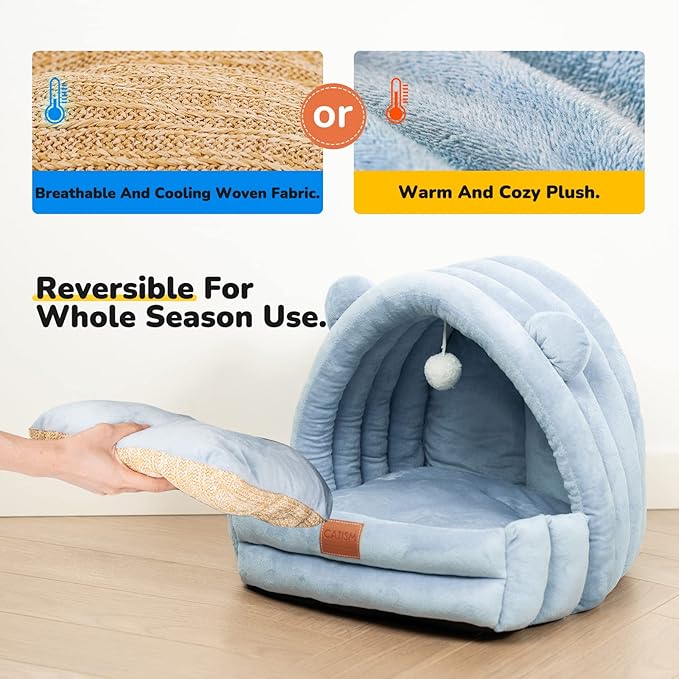 Cat Bed for Indoor Cats, Cat Cave with Reversible Cushion Pillow for All Season, Cat Beds for Indoor Cats, Kitty and Small Dogs, Soft Premium Cotton Cat Bed with Anti-Slip Bottom