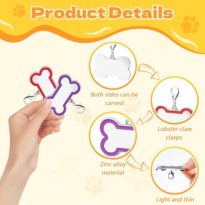 12 Pack Blank Dog Tags Engraved, Zinc Alloy Bone Shape Dog Name Tag, 1.8in Pet ID with Lobster Clasp for Engraving Name Phone Number (6 Colors)