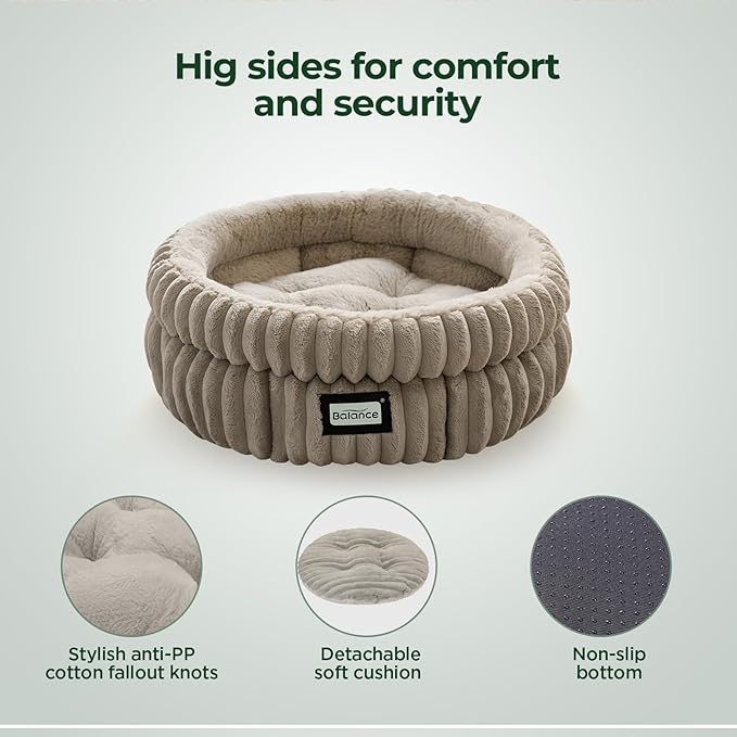 BALANCE Cat Bed Kitten Bed, Washable Round Cat Beds for Indoor Cats,Super Soft Plush Faux Fur Pet Bed for Puppy and Kitten with Anti-Slip Bottom