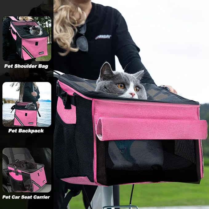 Pet Carrier Bicycle Basket Bag Pet Carrier/Booster Backpack for Dogs and Cats with Big Side Pockets,Comfy & Padded Shoulder Strap,Travel with Your Pet Safety（Pink Carnation）