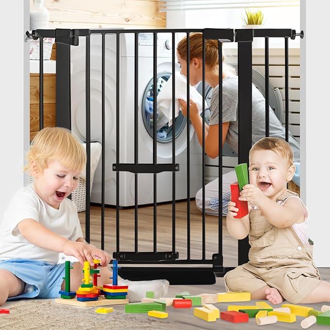37 Inch Tall Baby Gate with Small Cat Door, Adjustable 29.5" and -40.55",Auto Close Dog Gate Pet Gate Easy Walk Thru Pet Door for Stairs, Doorway, House, Pressure Mounted Safety Child Gate