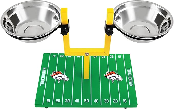 NFL Denver Broncos Goalpost Football Field Dog Feeder – Adjustable Elevated Dog Bowls with Stand, 2 Stainless Steel Bowls, Non-Slip Rubber Feet, Raised Pet Feeder for Large & Small Dogs, Cats.
