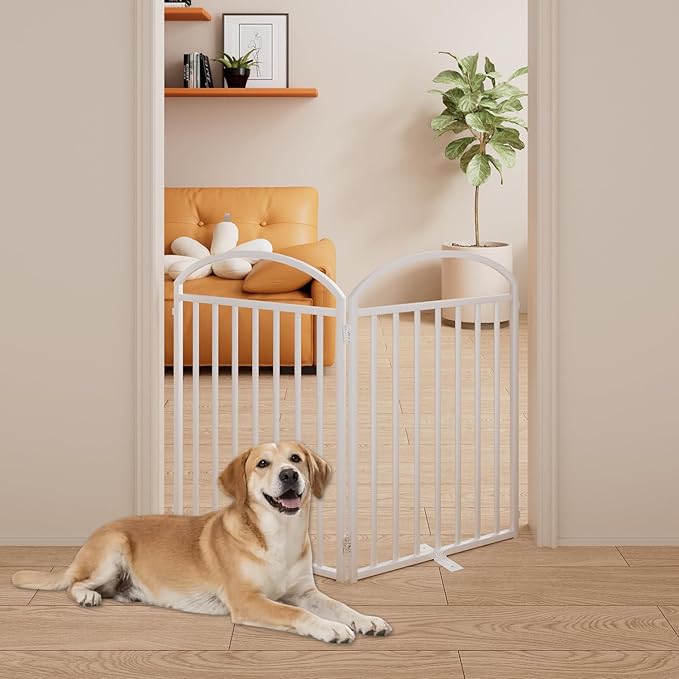 2 Panels Full Matel Freestanding Dog Gates with Door, 48"Extra Wide 32"Tall Free Standing Dog Pet Gate for Indoor & Outdoor. Foldable Pet Fences for Doorways, House, Stairs, Porch, Deck, Yard