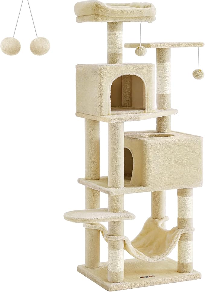 Feandrea Cat Tree, 61-Inch Cat Tower for Indoor Cats, Plush Multi-Level Cat Condo with 5 Scratching Posts, 2 Perches, 2 Caves, Hammock, 2 Pompoms, Beige UPCT192M01