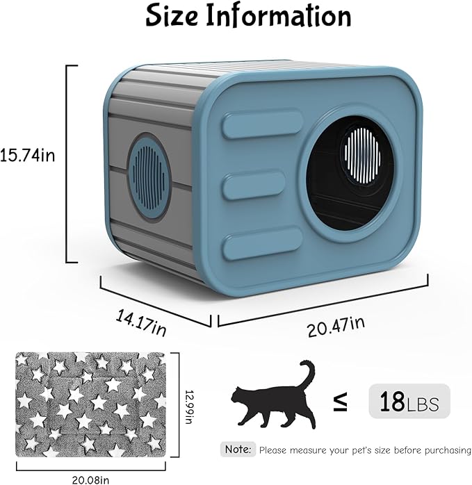 Outdoor Cat House, Outside Cat Shelter with Bed Mat for Feral Cat, Plastic Pet House for Indoor and Outdoor Use, Weatherproof, Blue