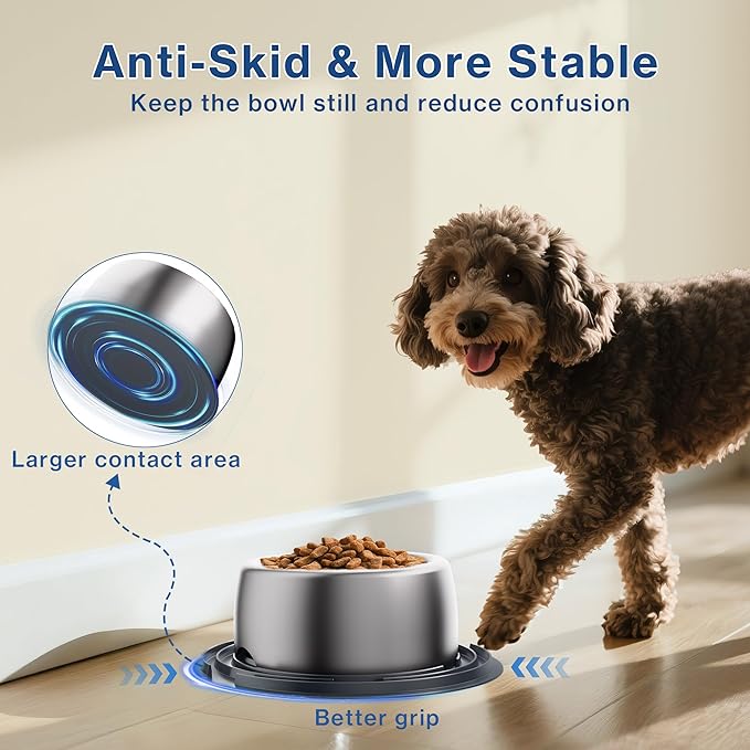 304 Stainless Steel Dog Bowls, Heavy Duty Dog Food Bowl with Extra Strong Non-Slip Mat, Thick Metal Base Water Bowl with Lick Mat for Puppies & Cats, Indoor/Outdoor (8.5 oz)