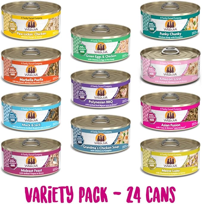 Weruva Classic Cat 11 Flavors Variety Pack – Gluten & Grain Free, 5.5 oz Cans (Pack of 24)