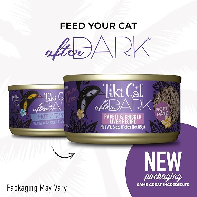 Tiki Cat After Dark Soft Pate, Rabbit & Chicken Liver, High-Protein and 100% Non-GMO Ingredients, Wet Cat Food for Adult Cats, 3 oz. Can (12 Count)