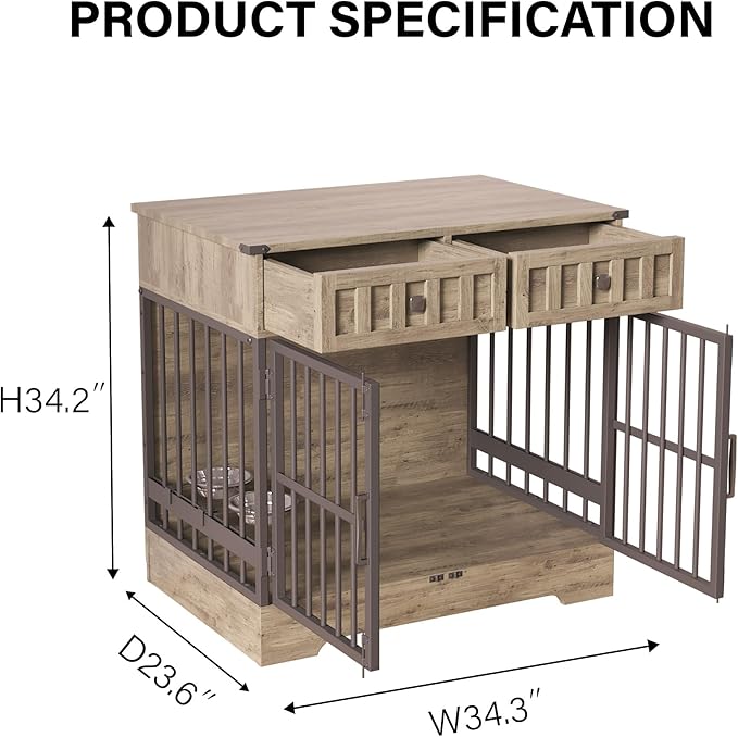 Dog Crate Furniture with 2 Drawers, 35.1" Indoor Wooden Animal Kennel with Detachable & Adjustable Feeder 2 Bowls, Large Medium Small Dog Cage End Table (Brown Gray Alternation)