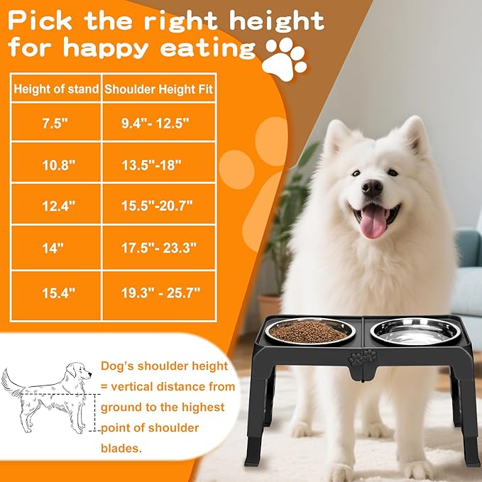 Elevated Dog Bowl Stand for Large Dogs - 2 Extra Large 10” Stainless Steel Bowls, 5 Adjustable Heights(7.5"-15.4"), Foldable Non-Slip & Durable, Portable Heavy Duty Travel Dog Feeder, Black