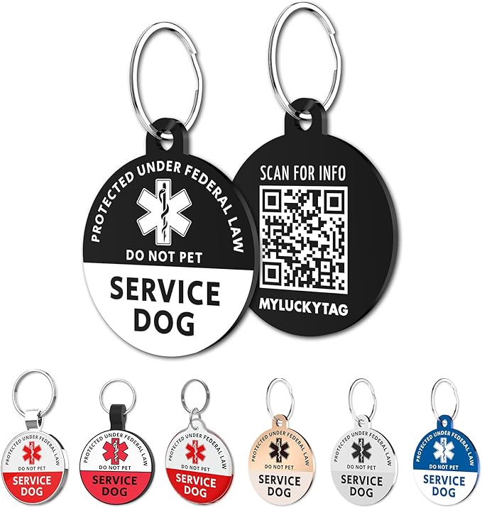 MYLUCKYTAG Service Dog ID, QR Code Stainless Steel Tag, Engraved, Durable, Digital Pet ID, Online Profile, Location Alert Email