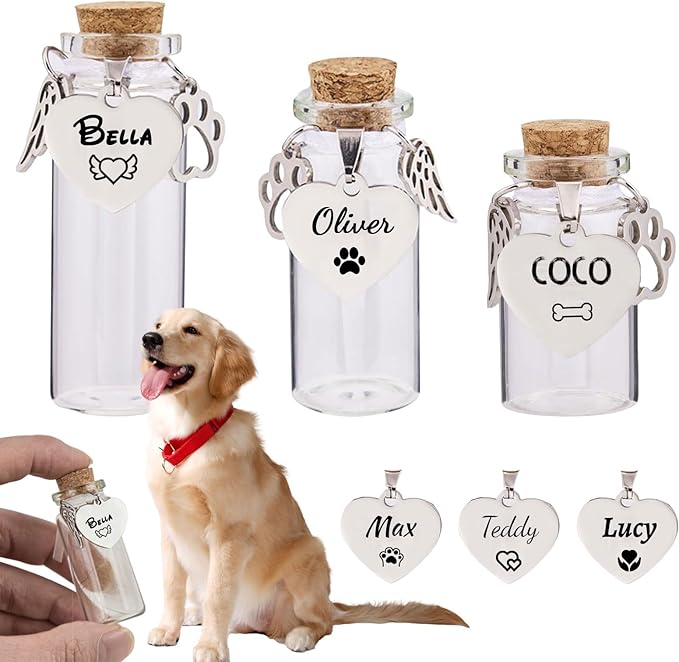 Personalized Pet Fur Keepsake Bottle, Heart Shape Custom Name Engraved Glass Dog Hair Keepsake, Pet Hair Memorial Vials for Dog/Cat Hair & Ashes, Sympathy Gift for Pet