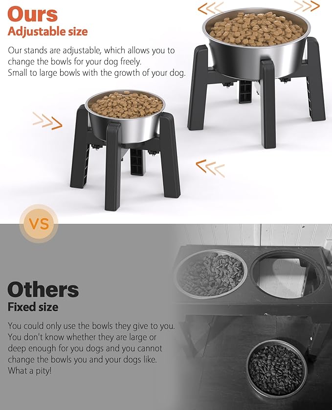 CZPET Dog Bowl Stand, 51 oz Large Capacity Raised Elevated Dog Food/Water Stainless Steel Feeder, Size Adjustable & Anti-Slip Stand for Medium Dogs (2 Pack)