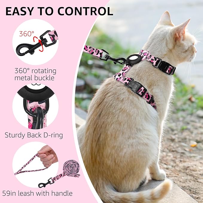 SCENEREAL Adjustable Cat Harness and Leash Set with AirTag Holder, Escape-Proof Design for Small to Large Cats, Lightweight Soft Travel Harness, Pink Leopard