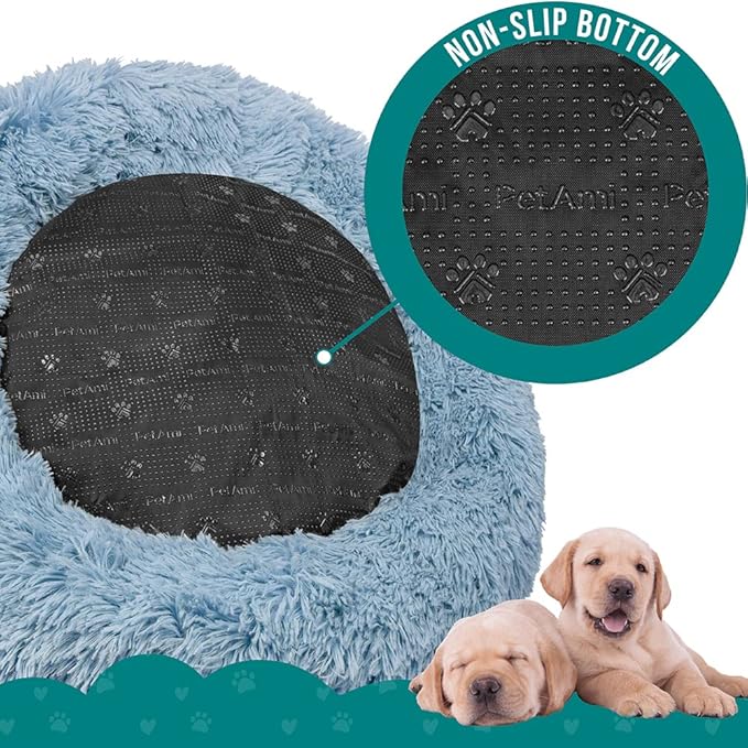 PetAmi Calming Dog Bed for Small Medium Dog Cat, Round Donut Washable, Fluffy Faux Fur Plush Cuddler Pet Kitten Cushion, Anti-Slip, Fits up to 25 lbs, 23 inch, Dusty Blue