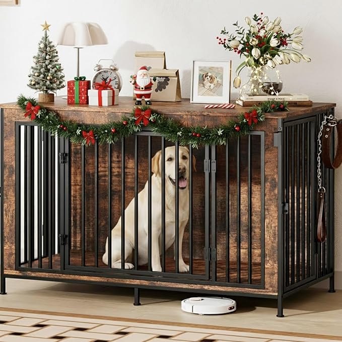 XL Dog Crate Furniture 48'' | Extra Large Heavy Duty Anti-Chew Dog Kennel | Rustic Wooden Cage End Table with 350LB Top Capacity | Escape Proof Double Door Pet House TV Stands