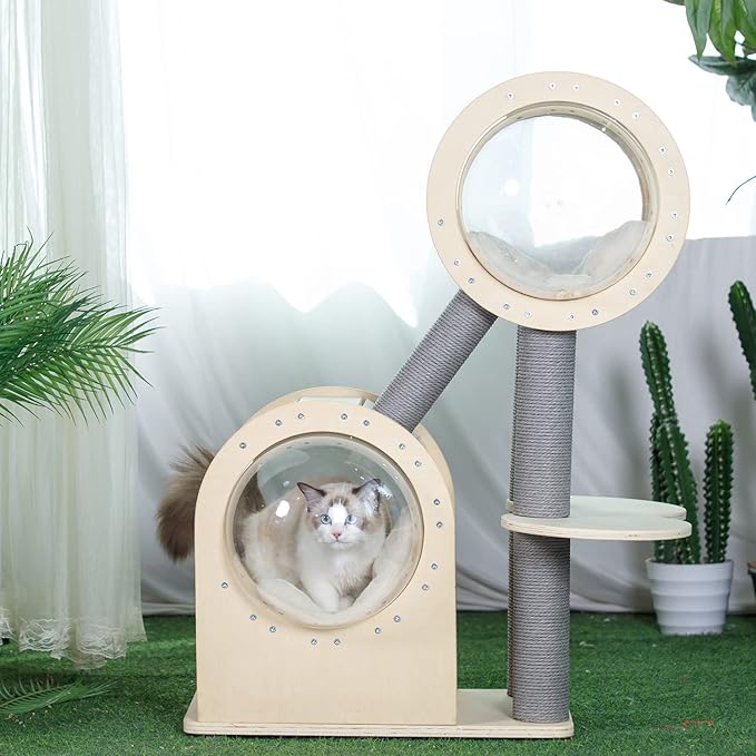 40.7 Inch Multi-Level Cat Tree with Scratching Posts and Space Capsule, Large Wooden Cat Tower for Indoor Cats, Stable Cat Climbing Furniture for Adult Cats