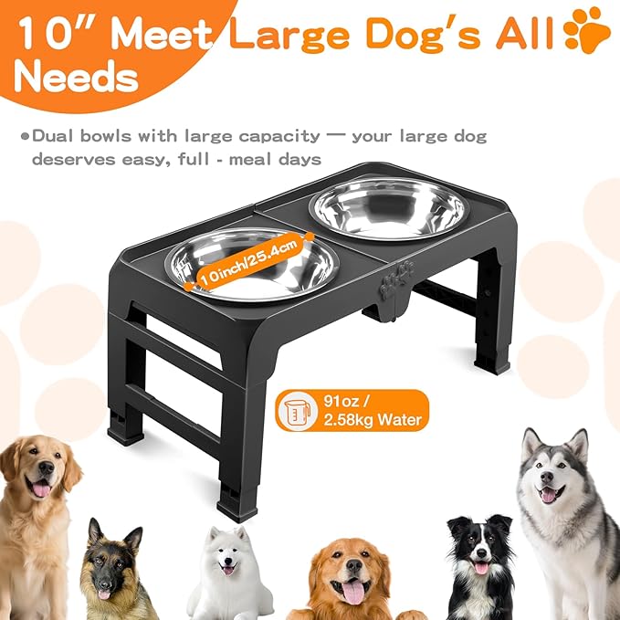 Elevated Dog Bowl Stand for Large Dogs - 2 Extra Large 10” Stainless Steel Bowls, 5 Adjustable Heights(7.5"-15.4"), Foldable Non-Slip & Durable, Portable Heavy Duty Travel Dog Feeder, Black