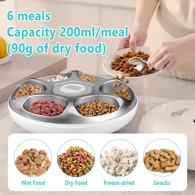 Ownpets Automatic Cat Feeder for Wet Food, with Stainless Steel Tray, 6 Meals Rechargeable Auto Pet Feeder with 2 Ice Packs, Cat Food Dispenser for Cats Small Dogs
