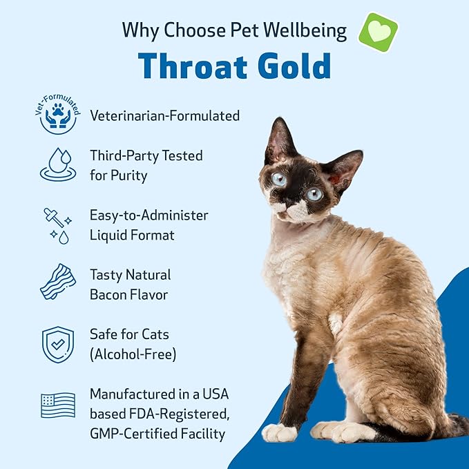 Pet Wellbeing Throat Gold for Cats - Cat Respiratory Support, Occasional Cough & Hoarseness with Mullein & Slippery Elm - NASC Certified & Vet-Formulated - 4 oz Liquid Formula