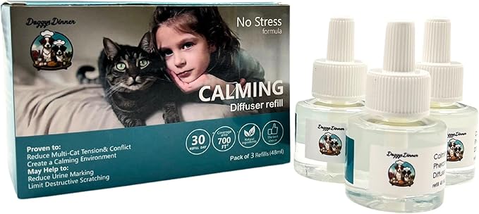 Doggy's Dinner Cat Calming Pheromone Plug-in Diffuser refills. Calming Pheromones help Relieve Anxiety. Contains (3 48ml refills 90 day supply) Works with most other brand Diffusers., Clear