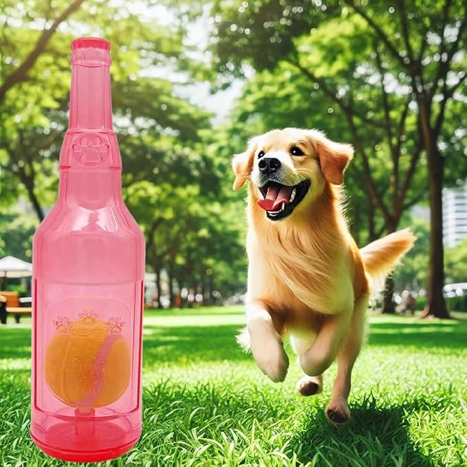 Wine Bottle Dog Toy, Fun Interactive Cute Squeaky Dog Toys with Tennis Ball Inside, Ideal for Large/Medium/Small Dogs to Fetch Games and Bonding Time, Not for Heavy Chewers, Medium-Red