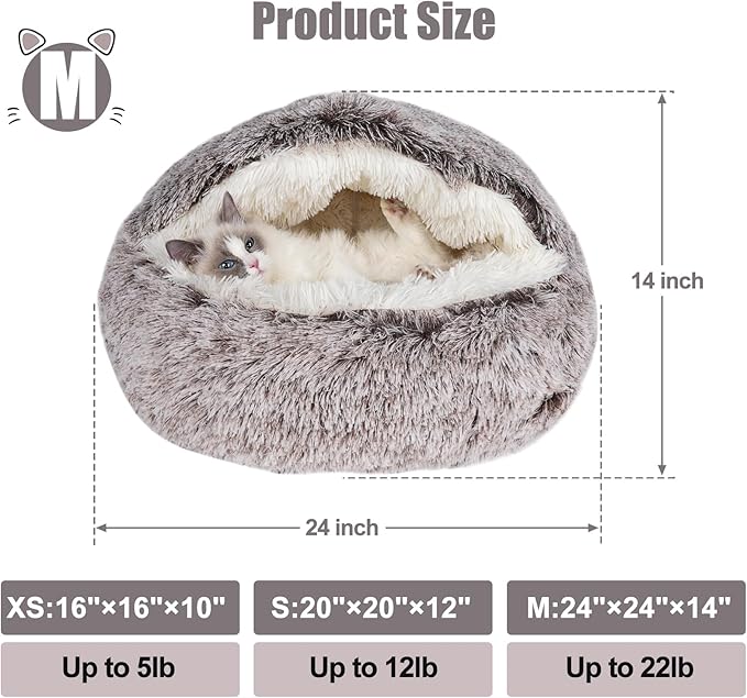 Cat Beds & Dog Bed with Cover Cave, Dog Beds for Small Dogs, Round Soft Plush Donut Calming Pet Bed for Indoor Cats or Small Dog, Washable Puppy Bed with Non-Slip Bottom-24inch